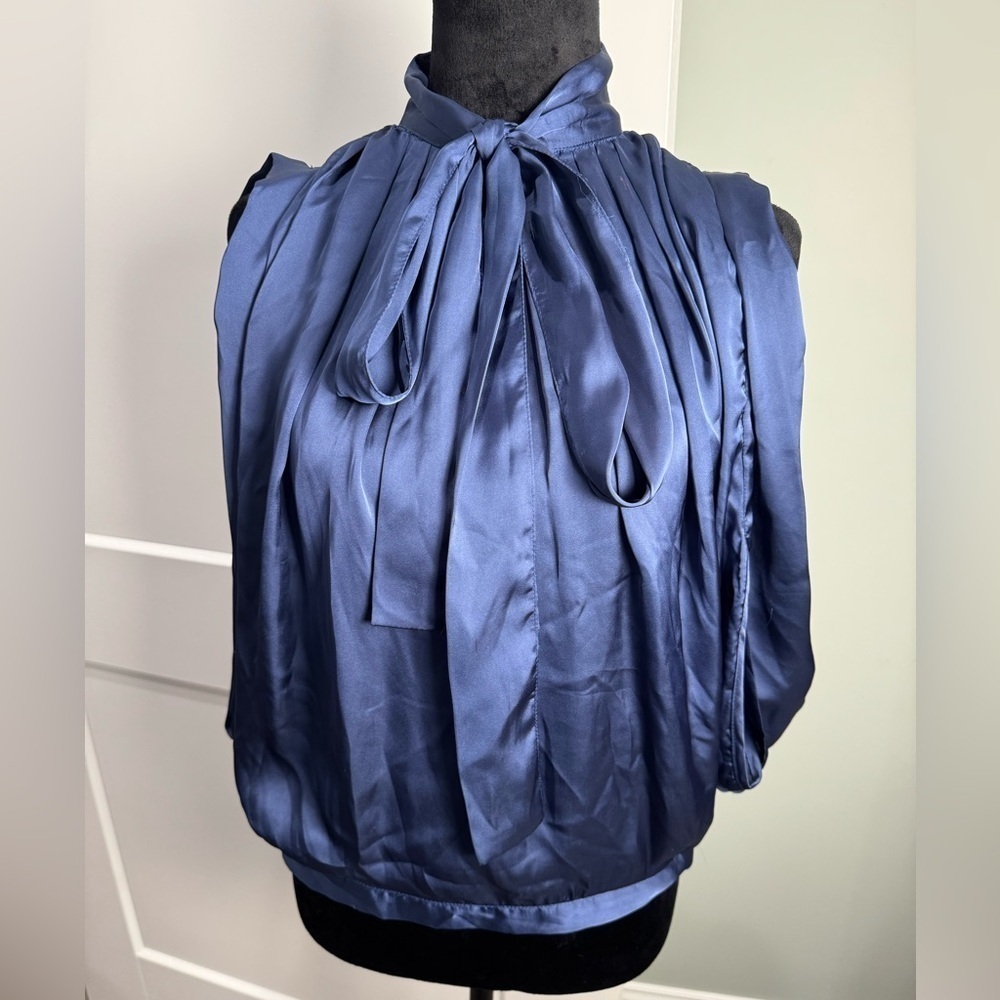 Luluvia Anthropologie tie neck draped shoulder lined top buttons down back bow